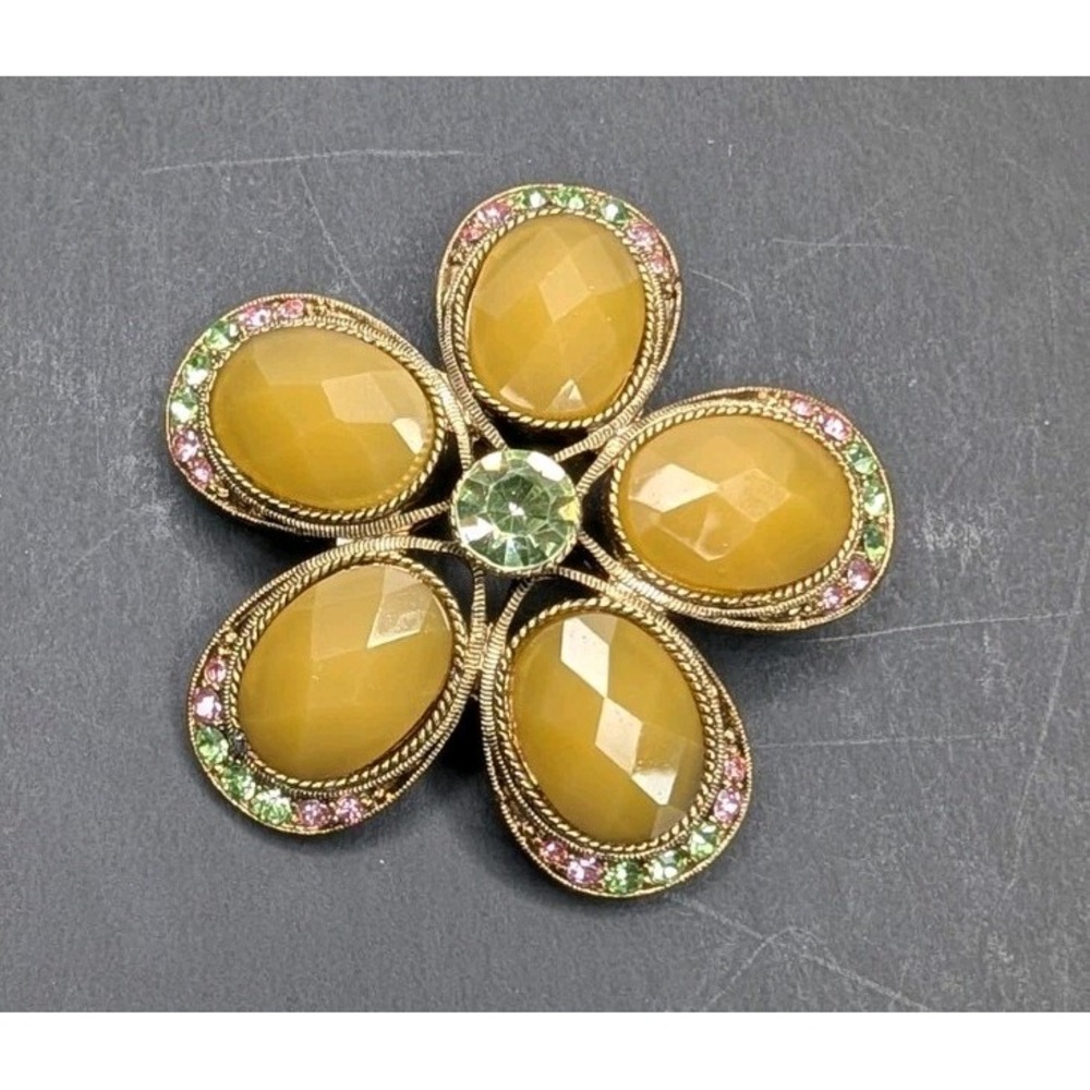 Vintage Flower Brooch Pendant Yellow Cabochon Pink Green Rhinestone Gold Tone